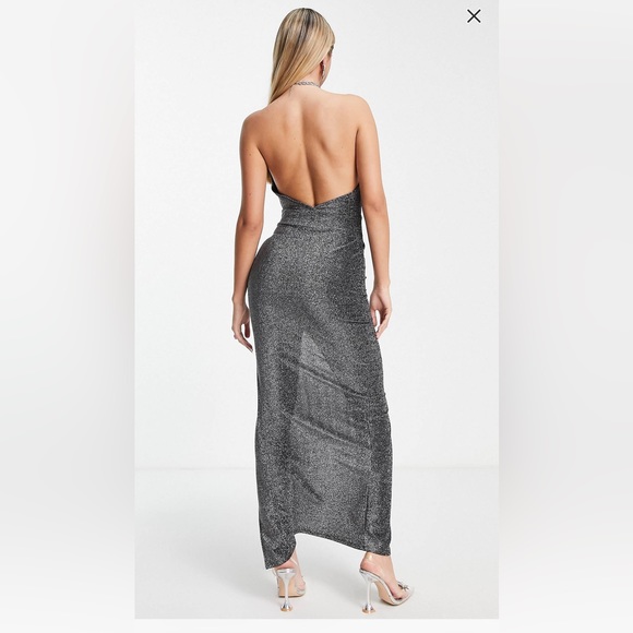 Sexy cut out front maxi dress with slit in silver sparkle sz 8 M - Picture 3 of 5